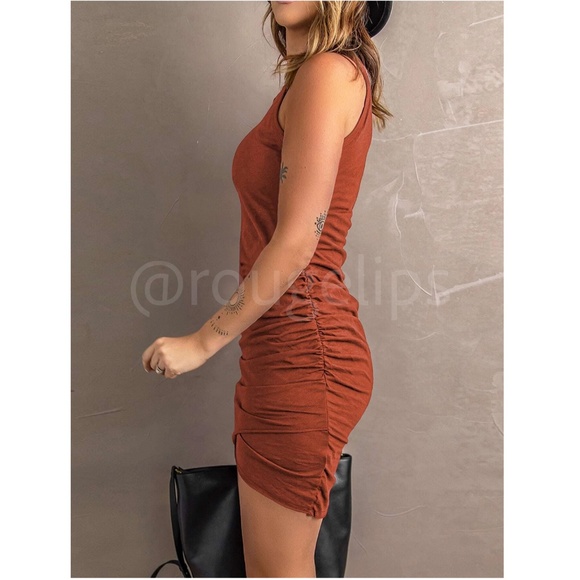 Burnt Orange Mini Tank Dress Casual Ruched Overlapping Skirt Hem - Picture 3 of 6